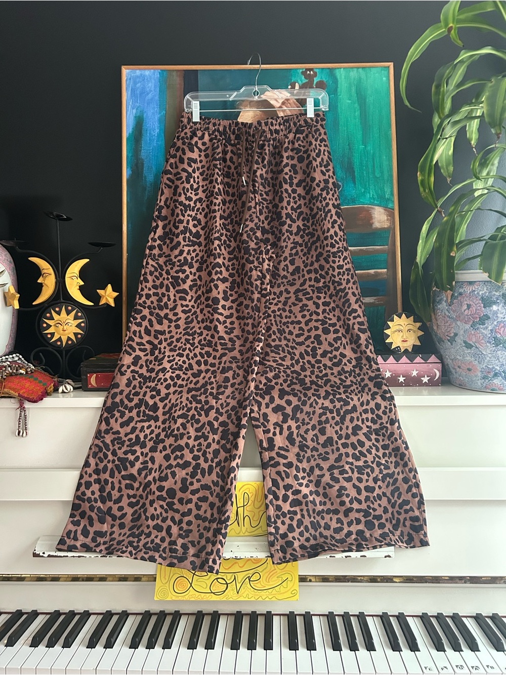 Leopard Print Wide Leg Palazzo Pants Elastic Waist Lounge Boho Women’s Large